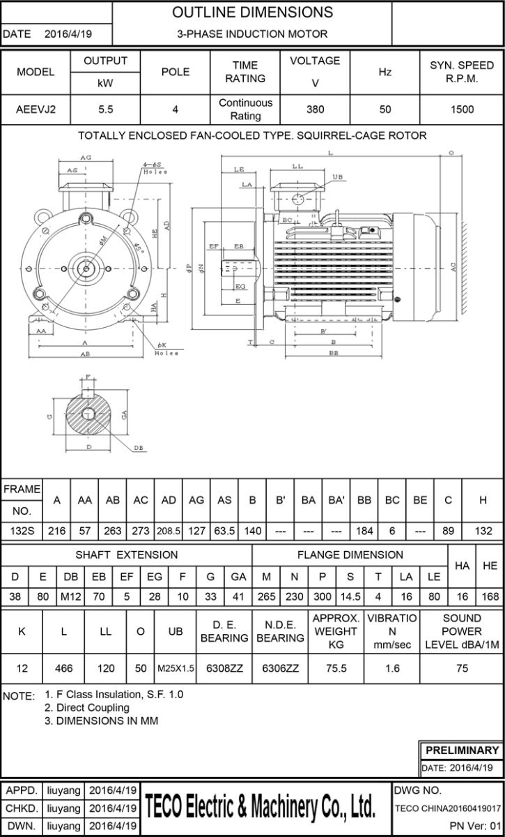東元節(jié)能電機5.5KW 4P 臥式尺寸圖